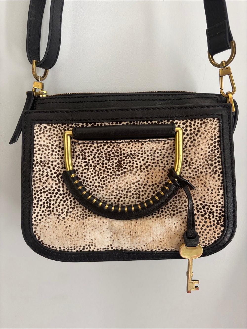 Fossil Black Trim Spotted Crossbody with Gold Accents